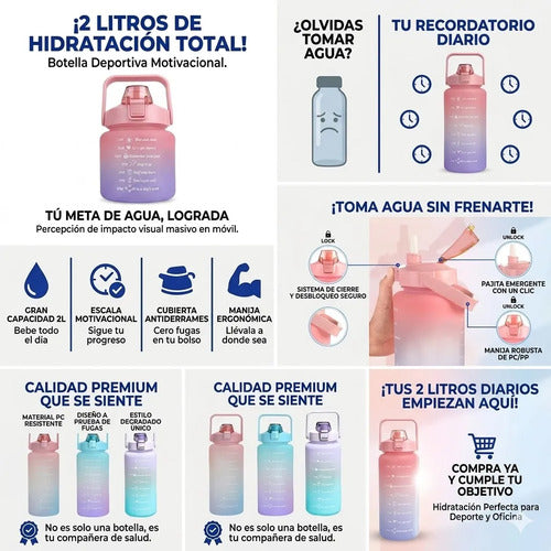 Botella 2l Hidratacion Motivacional Deportiva Tapa Fija