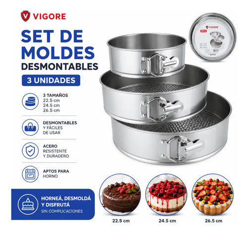 Set Moldes Desmontables Repostería Pack X3 Piezas Torta Plateado