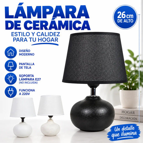Lámpara Mesa Velador Cerámica Pantalla Tela E27 26cm Negro