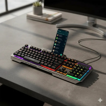 Teclado Gamer Metalico Usb Luces Rgb Soporte Celular Ñ Pc Negro Español Latinoamérica