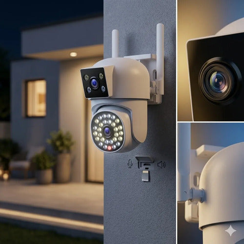 Camara Seguridad Exterior Wifi Doble Lente App Ios Android Blanco