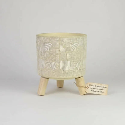 Maceta Decorativa De Ceramica Con Patas De Madera 14x12cm Beige