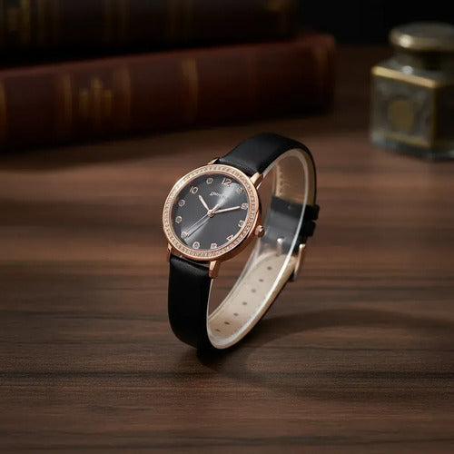 Reloj De Pulsera Femenino Brillos Elegante Mujer Analógico Rosa