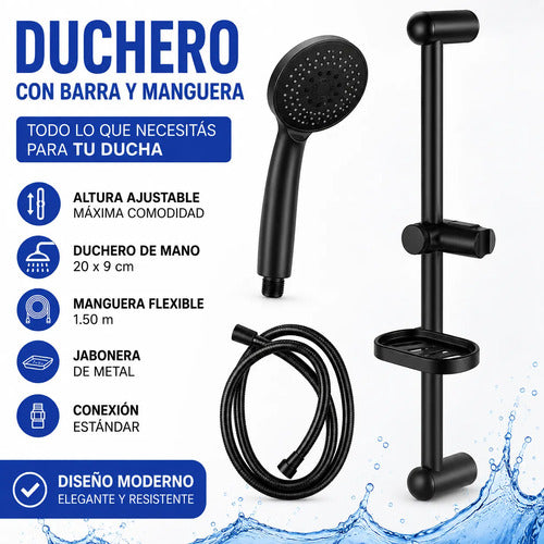 Set Ducha Barra Ajustable Manguera Manual Jabonera 150 Mango Negro Mate