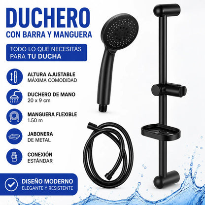 Set Ducha Barra Ajustable Manguera Manual Jabonera 150 Mango Negro Mate