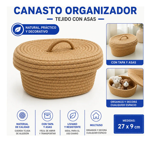 Canasto Cesto Organizador Tejido Tapa Asa 27x9cm Algodón Marrón