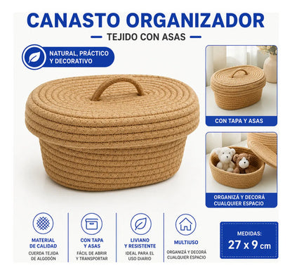 Canasto Cesto Organizador Tejido Tapa Asa 27x9cm Algodón Marrón