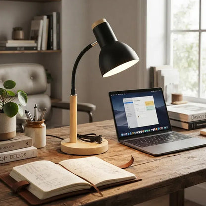 Lámpara Mesa Escritorio Flexible Base Madera E27 Blanco