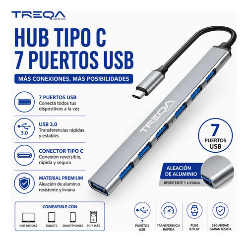 Hub Adaptador Usb Tipo C 3.0 7 Puertos Aluminio Notebook Pc Plateado