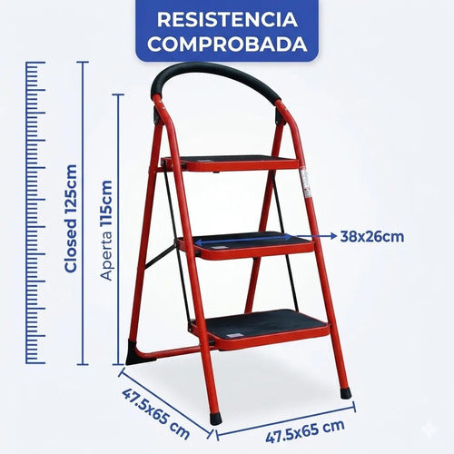 Escalera De 3 Escalones Antideslizante Plegable Metal Roja Rojo