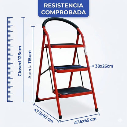 Escalera De 3 Escalones Antideslizante Plegable Metal Roja Rojo