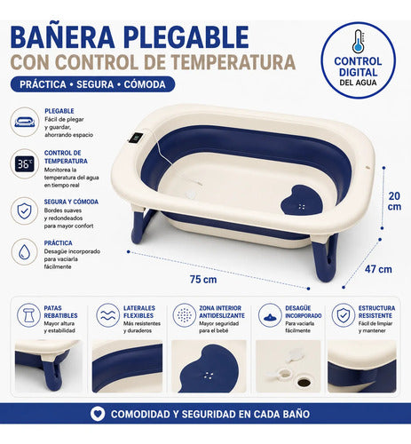 Bañera Infantil Plegable Plástico Termómetro Digital 75x47cm Azul