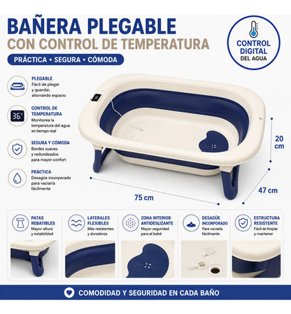 Bañera Infantil Plegable Plástico Termómetro Digital 75x47cm Azul