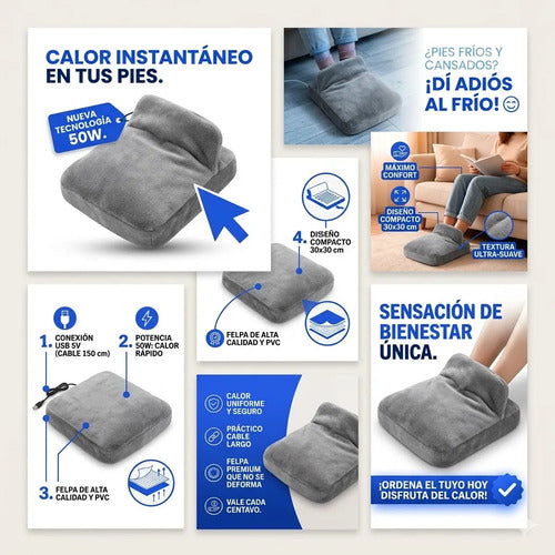 Calentador Calienta Pies Electrico Usb Felpa 30cm Invierno Gris