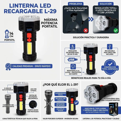 Linterna Foco Led Recargable Usb Indicador Carga Bateria L29 Blanco Frío Negro Con Detalles En Gris Plata