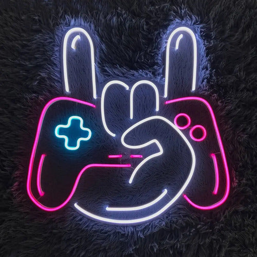 Letrero Cartel Neon Luminoso Gamer Mano Con Gamepad Usb Dimm Blanco