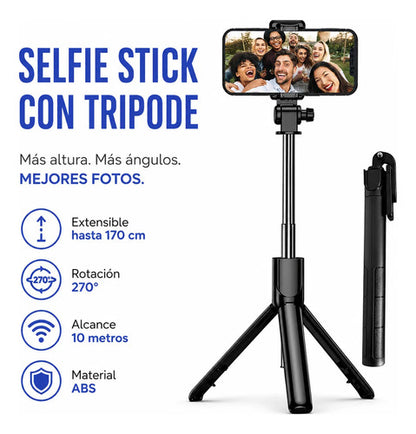 Selfie Stick Palo Tripode Celular Extensible Bluetooth 170cm Negro