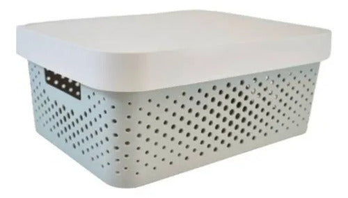 Canasto Plastico Calado Tapa Asas 37x28x15cm Organizador Gris