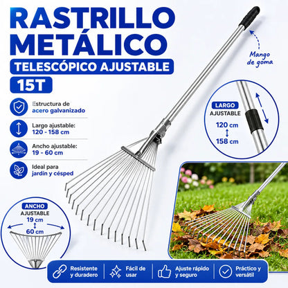 Rastrillo Telescópico Ajustable Jardín Extensible Acero Plateado