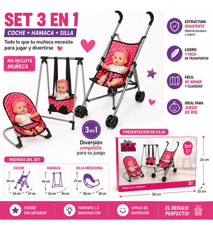 Set Infantil Coche Hamaca Silla Para Muñecas 3 Piezas Rosa