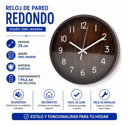Reloj Analógico Pared Redondo Símil Madera 25cm Decorativo Marrón