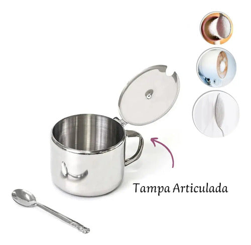 Azucarero En Acero Inox Con Cuchara Y Tapa Plateado