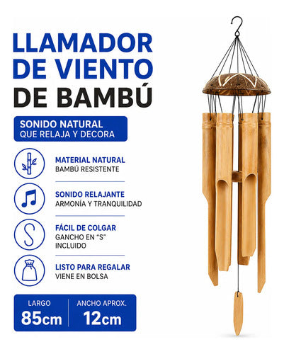 Adorno Llamador Viento Colgante Bambu Sonoro Jardin 85cm Marrón