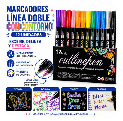 Set X12 Marcadores Doble Línea Contorno Metalizados Pack Aleatorio