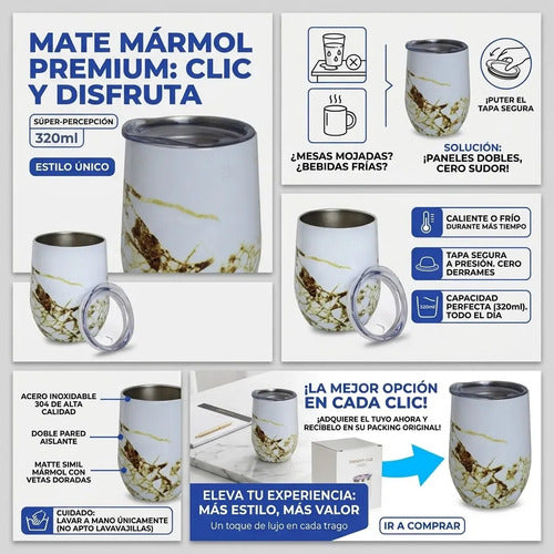 Mate Termico Acero Inoxidable Doble Pared Tapa Presion 320ml Blanco Con Dorado Mármol Blanco Con Vetas Doradas