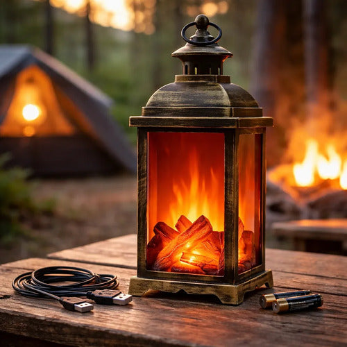 Lampara Farol Led Efecto Llama Usb Pilas Camping Decorativa Negro