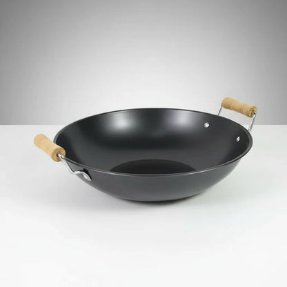 Sartén Wok Antiadherente Acero Carbono Redondo Asas Madera Negro