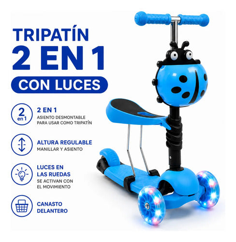 Scooter Infantil 2 En 1 Asiento Ruedas Desmontable Ajustable Celeste
