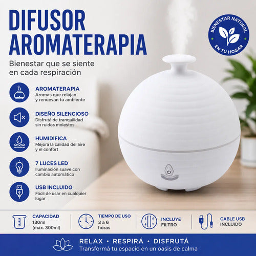 Humidificador Difusor Aromatizador Usb Led Con Filtro Aroma Blanco