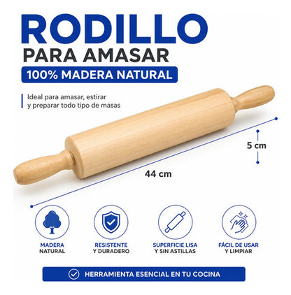 Palo Rodillo Amasar Madera 44x5cm Repostería Cocina Masas Madera