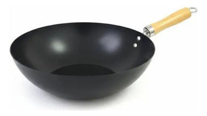 Sartén Wok Redondo Mango Madera Antiadherente Acero Carbono Negro