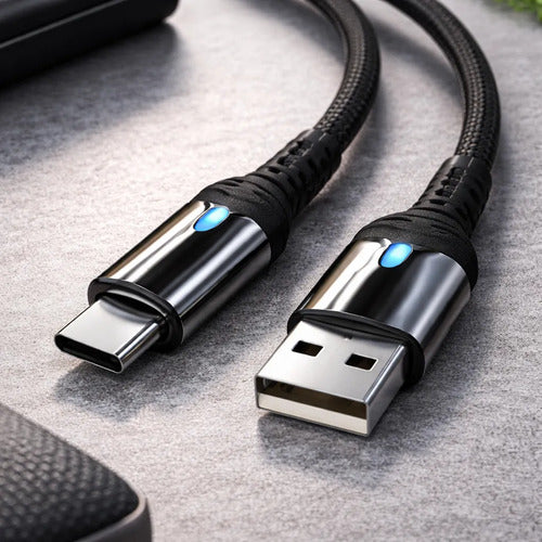 Cable Usb Tipo C Reforzado Carga Y Datos 1m Led Carga Rapida Negro