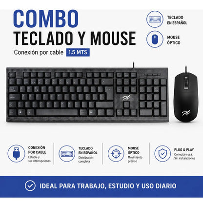 Kit Combo Teclado Mouse Usb Cable 1.5m Pc Oficina Notebook Negro