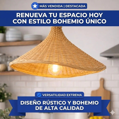 Pantalla Lampara Colgante Ratan Rustica 43cm Calidad Tejido Amarillo Cónico Ondulado / Estilo Boho Chic