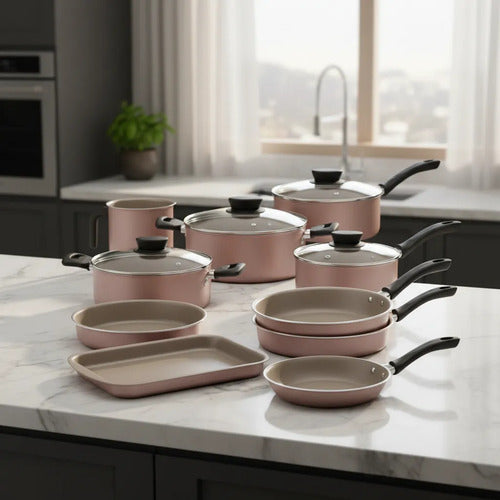Juego Olla Sarten Diez Pieza Bateria Cocina Hogar Resistente Rosa