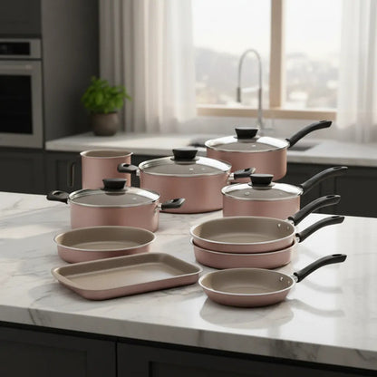 Juego Olla Sarten Diez Pieza Bateria Cocina Hogar Resistente Rosa