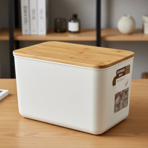 Contenedor Caja Organizadora Plastica Tapa Madera 25.5cm Pp Blanco