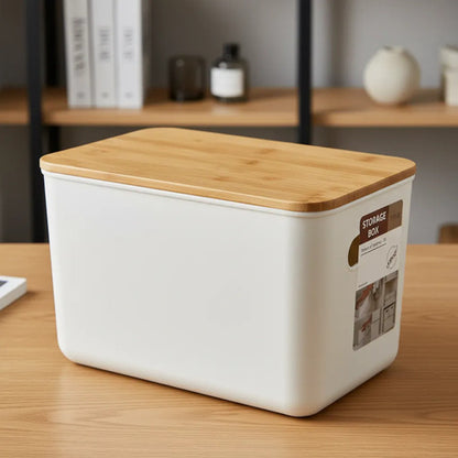 Contenedor Caja Organizadora Plastica Tapa Madera 25.5cm Pp Blanco