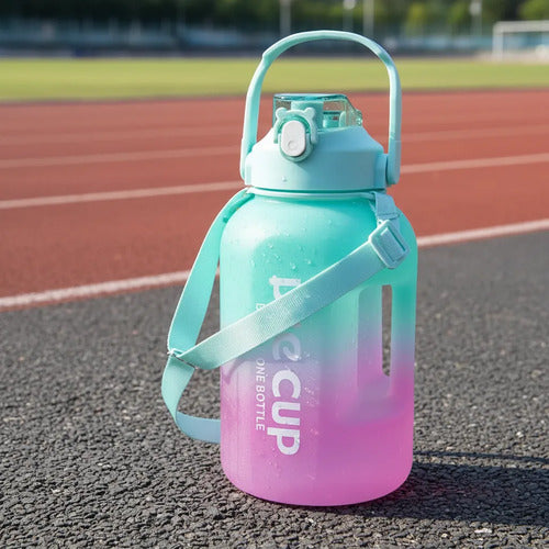 Botella Agua Deportiva 2.2l Doble Pico Deportiva Correa Celeste Con Rosado
