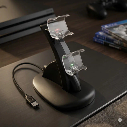 Base Cargador Doble Joystick Consolas Usb Indicador Led P4 Negro