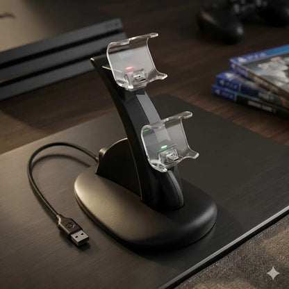 Base Cargador Doble Joystick Consolas Usb Indicador Led P4 Negro