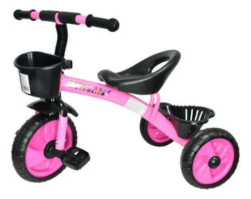 Triciclo Bicicleta Infantil 3 Ruedas Pedales 2 Canasto Acero Rosa