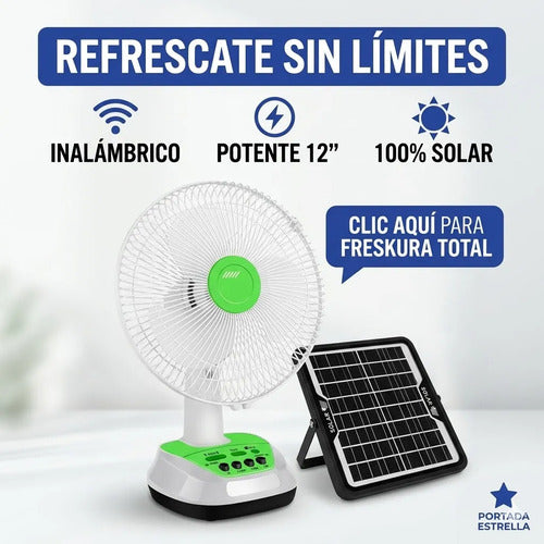 Ventilador Panel Solar Inalambrico Recargable Usb Focos 12  Blanco Con Verde