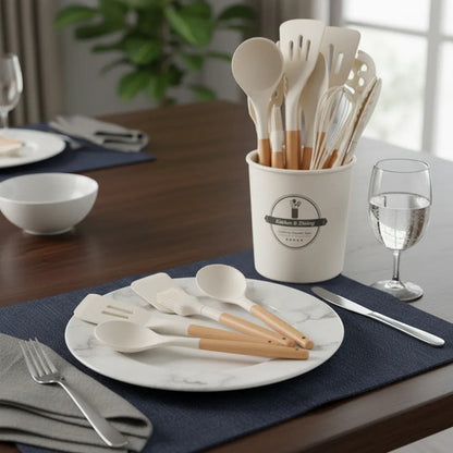 Set Cubiertos Cocina Silicona Madera Menaje Pack X12 Piezas Beige