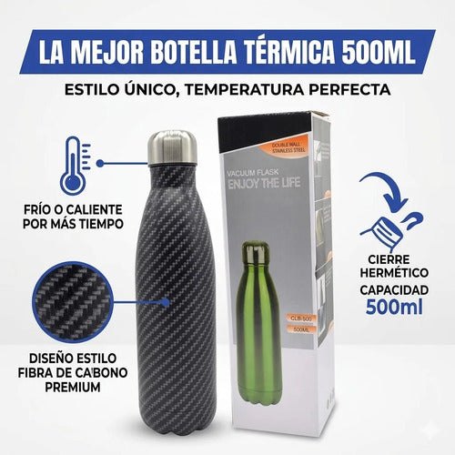 Botella Termica Acero Inoxidable 500ml Fibra Carbono Sport Negro