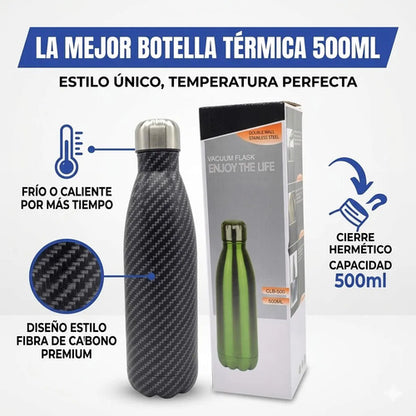 Botella Termica Acero Inoxidable 500ml Fibra Carbono Sport Negro